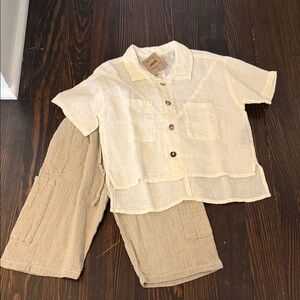 Kids Linen Two-Piece Matching Set in Cream and Tan
